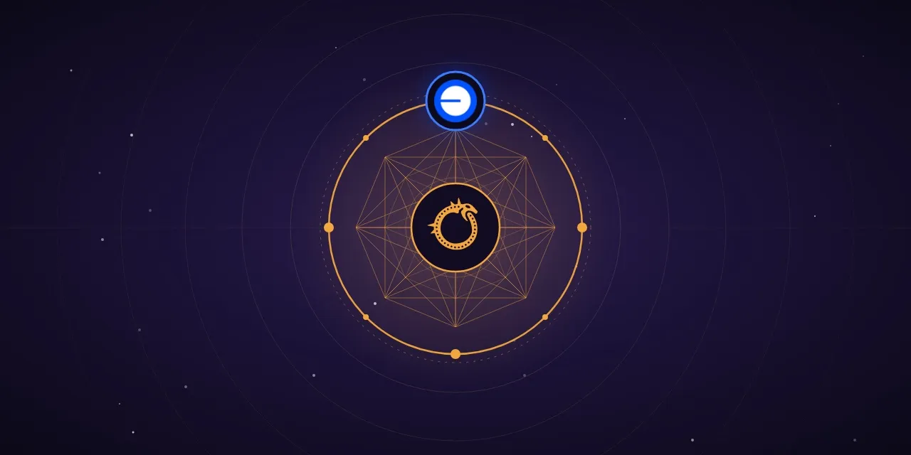 Ophis emblem at the centre of an orbit ring of nodes, with the Base logo as the featured node
