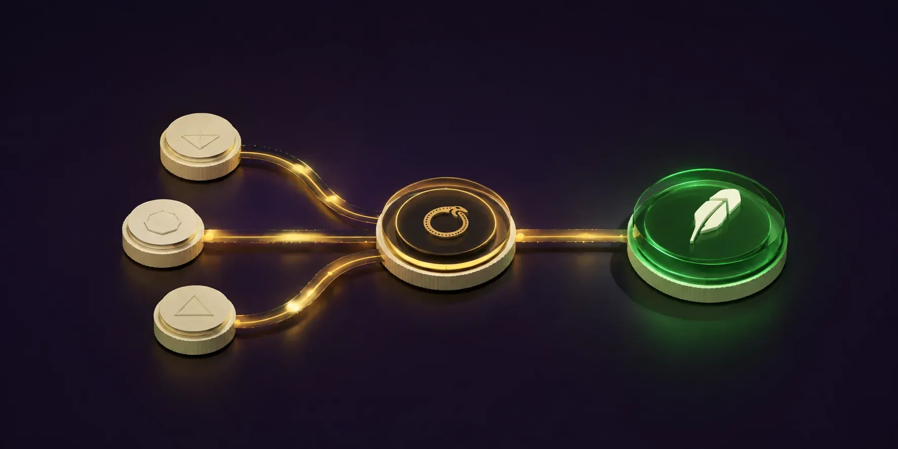 Three token routes converge through Ophis toward a green Robinhood Chain destination.
