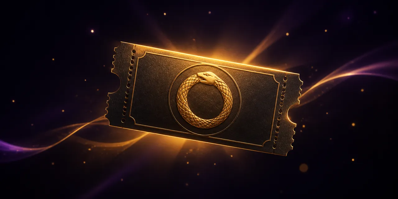 A gold winning ticket with a serpent emblem glowing against a dark purple background