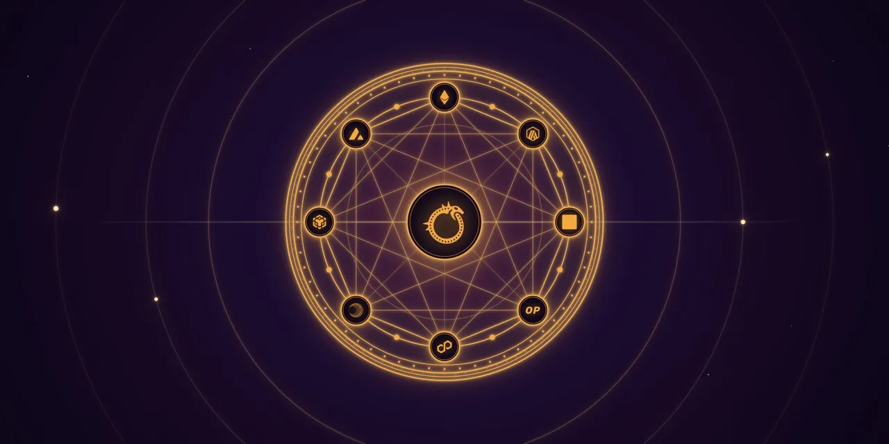 Ophis emblem ringed by supported chain logos, a CoW Protocol fork