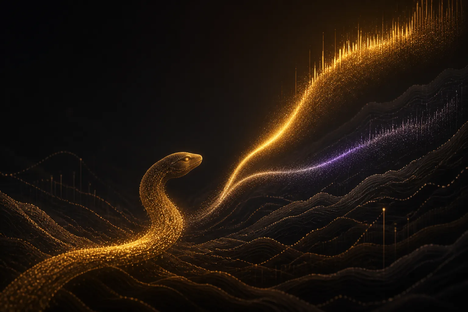 A gold serpent dividing an upward stream of price improvement across dark market contours