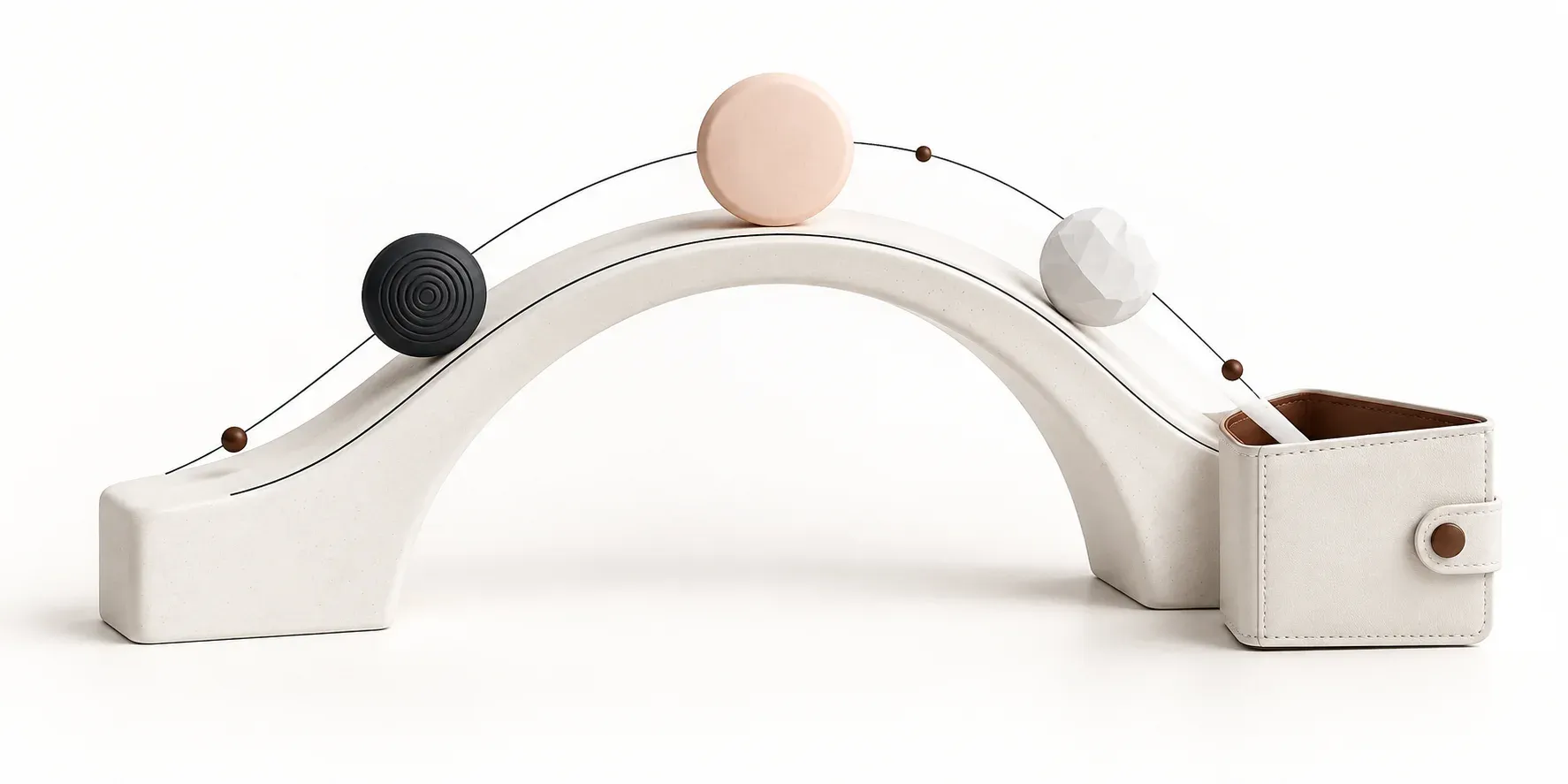 Three tokens cross a white ceramic arch toward an open wallet.